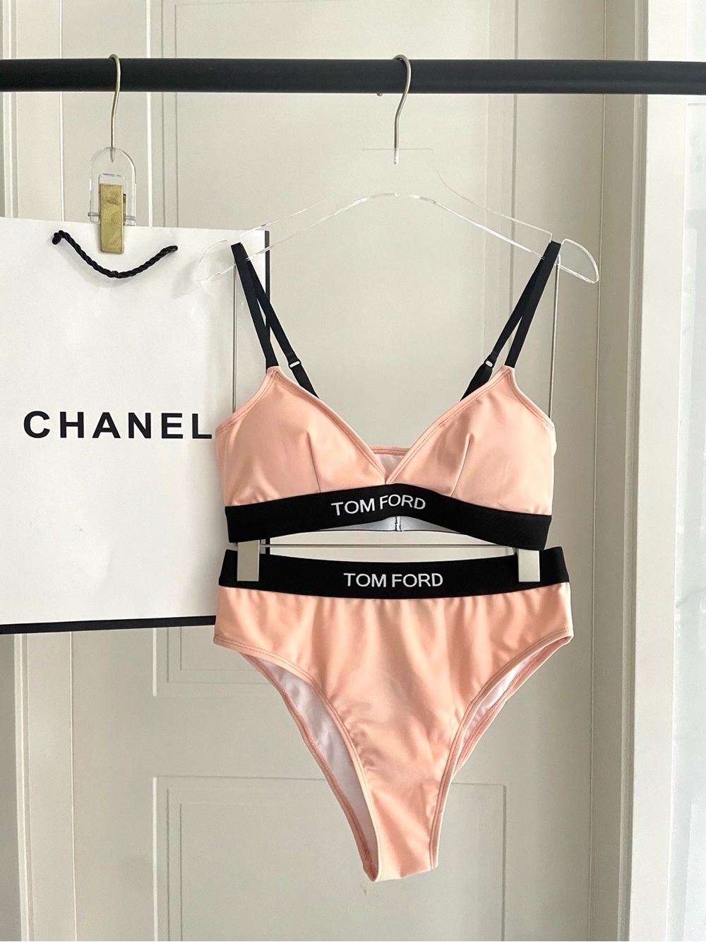 Tom Ford Peach and Black Logo Bikini Set